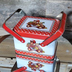 Vintage 1980's Basket Style Tin Box.   Christmas Teddy Bear